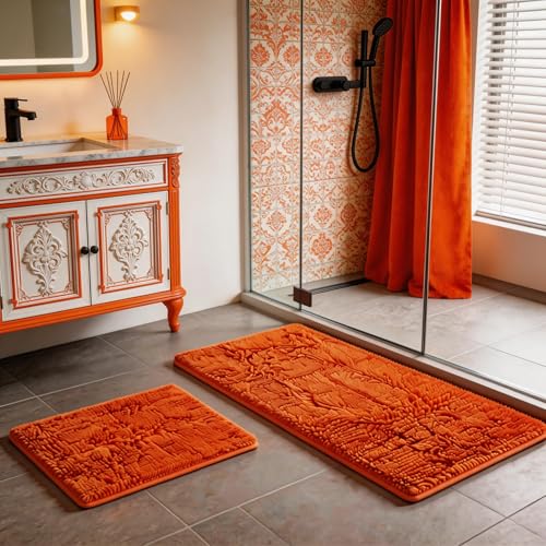 Orange Bathroom Rugs 2 Pieces Bright Orange Bath Rugs Fall Shower Rugs with Small Rug Contour Toilet Mat Absorbent Chenille Plush Bath Mats Non Slip Bath Rugs Bathroom Floor Mats Bath Mat Set - color: Orange, size: 32"L x 20"W + 24"L x 16"W