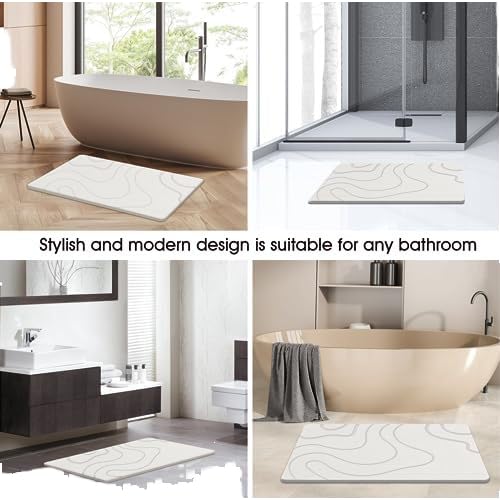 Diatomite Bathroom Stone Mat, Quick-Drying Bathroom Mat with Wave Pattern, Modern Design (White) - color: White