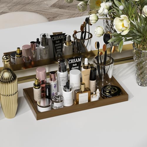 ZHWS Bathroom Vanity Tray for Countertop Perfume Makeup Jewelry Candle Decor, Kitchen Tray for Soap Dispenser Spice Salt, Large Tray for Toilet Tank Paper, Serving Nightstand Brown 13”x6.5” - color: Brown, size: 13" x 6.5" x 1.1"