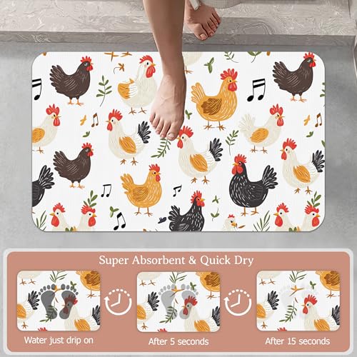 Non Slip Bath Mat, Chickens Roosters Bathroom Decor, Leaves Music Notes Diatomaceous Bath Mat Quick Dry Absorbent Bathroom Rugs-Shower Rug for Kitchen Laundry Bathtub Shower 17"x29.5" - color: Chickens Roosters, Leaves Music Notes