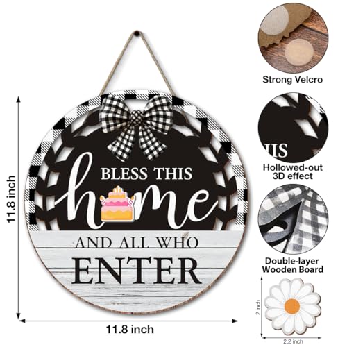 Seasonal Interchangeable Bless This Home Hanging Sign - Farmhouse Front Door Decoration for Spring All Seasons Holidays - Rustic Round Wood Wreaths with 12 Icons(White) - color: blesswhite