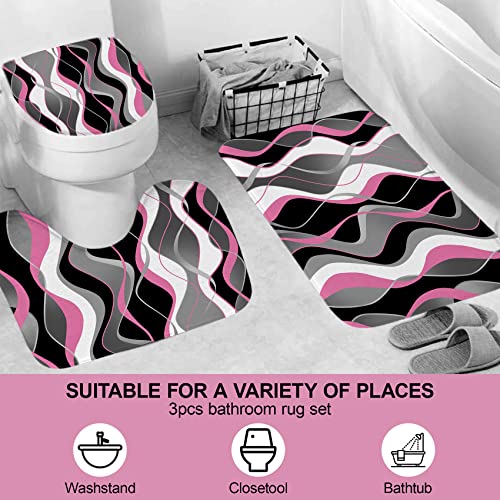 4Pcs Pink Shower Curtain Sets with Non-Slip Rugs, Toilet Lid Cover and Bath Mat, Black and Gray Bathroom Decor Set Accessories Fabric Waterproof Shower Curtains with 12 Hooks, 72 x 76 Inch - color: Pink
