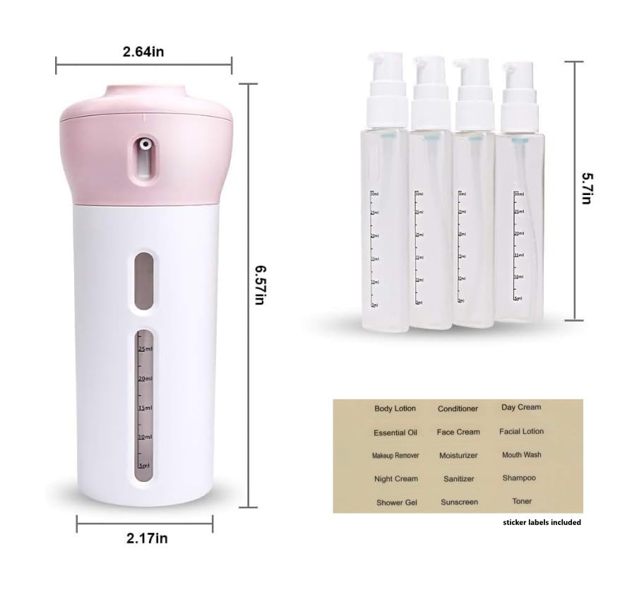 Travigo 4-in-1 Travel Dispenser Bottle, TSA Approved, Leak Proof, Four Reusable 1.4 oz. (40 mL) Toiletry Containers for Shampoo, Conditioner, Soap, Lotion, Skincare (Pink) - color: 1 Dispenser (Pink)