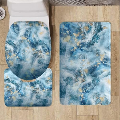 Blue Marble Texture Bathroom Rugs Sets 3 Piece Toilet Cover and Rug Set Toilet Seat Cover and Rug Set Toilet Lid Cover with Non-Slip Bottom Toilet Lid Cover Set with U-Shaped Rug - color: Blue Marble Texture