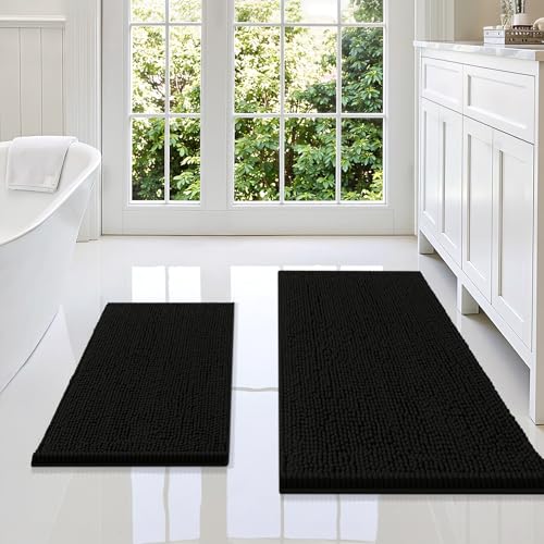Smiry Bathroom Rugs Sets 2 Piece, Soft Absorbent Chenille Machine Washable Non Slip Shaggy Bath Rug Set for Tub, Shower, and Floor (36x24+24x16, Black) - color: Black, size: 36"x24"+24"x16"