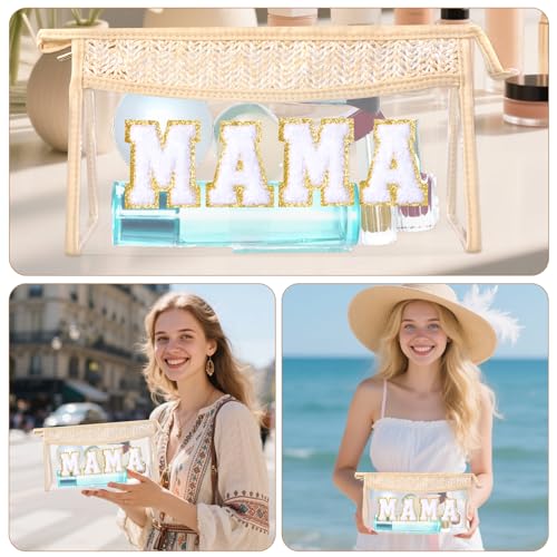 Boho Patch Cosmetic Bag with Zipper, Chenille Varsity Letter Makeup Bag, Clear Travel Pouch, Multi-purpose Small Toiletry Bag for Women Girls (Mama) - style: Mama