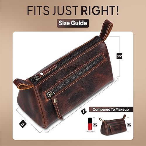 Leather Makeup Bag for Women – Genuine Leather Cosmetic Bag Travel, Handmade Zippered Makeup Pouch, Small Toiletry Bag, Shaving Kit & Stationery Organizer- Brown - color: Brown Cosmetic Pouch