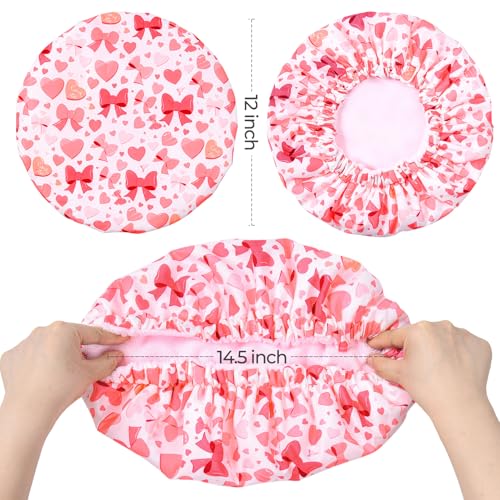 Aileam Pink Bow Shower Cap for Women, Terry Lined Bath Cap Large Reusable Waterproof Shower Hair Cap for Long Thick Hair - color: Hearts & Bows