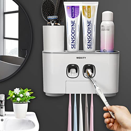 Toothbrush Holder WREWING Multi-Function Wall-Mounted Automatic Toothpaste Dispenser and Dust-Proof Toothbrush Holder with 5 Brush Slots 4 Cups 2 Automatic Toothpaste Dispensers 1 Storage Slot (Grey) - color: Grey