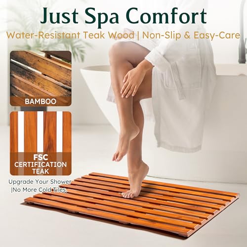 Teak Bath Mat 32"x18" Extra Large - Solid Wood Shower Mat for Bathroom, Spa & Outdoor Use - Non-Slip Fast-Drying Design - Natural Teak Wood - Wide Slat Floor Mat for Tub & Pool - size: 32" x 18" (Rectangular)
