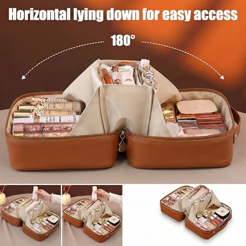 Travel Makeup Bag, Large Capacity Cosmetic Bags for Women, Waterproof Portable Pouch Open Flat Toiletry Bag Make up Bag (Brown) - color: Brown