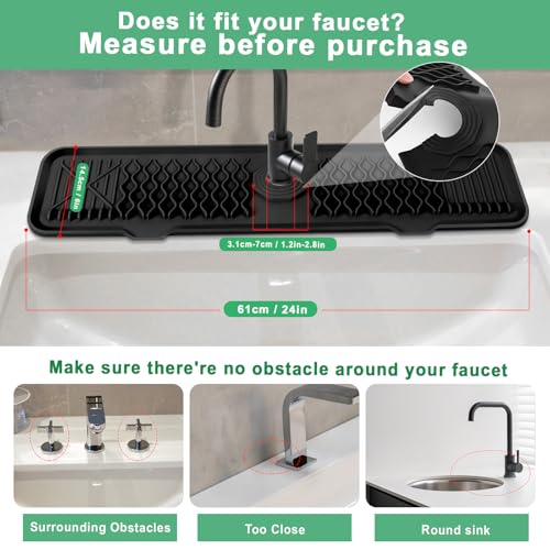 24 Inch Faucet Mat For Kitchen Sink ，5°Slope Fast Draining Silicone Mat , For Kitchen Sink Splash Guard, Bathroom Faucet Draining gadgets (black, 24" x 5.7")