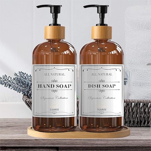 Sunrise Premium 16 OZ Thick Amber Glass Soap Dispenser, Bamboo Pump with Tray 2 Pack, Hand and Dish Soap Dispenser Set for Bathroom with 6 Waterproof Labels - color: Plastic Bamboo Pump - Amber Glass Pack 2