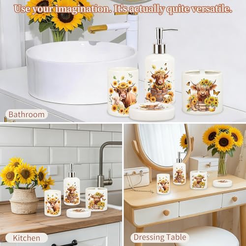 JarThenaAMCS 4Pcs Highland Cow Sunflower Bathroom Accessories Ceramic Liquid Dispenser Toothbrush Holder Tumbler Soap Dish for Summer Home Party Favors Supplies