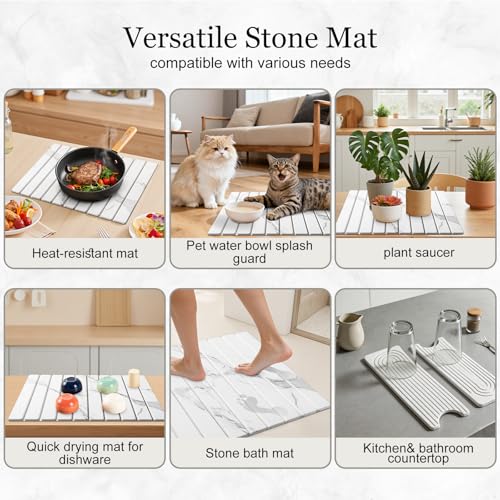 3PCS Set Large Stone Drying Mat for Kitchen Counter Foldable Collapsible Fast Drying Stone Dish Mat Water Absorbing Natural Diatomaceous Earth Bath Mat Quick Dry Stone Tray Bathroom Countertop, Marble - color: Marble White