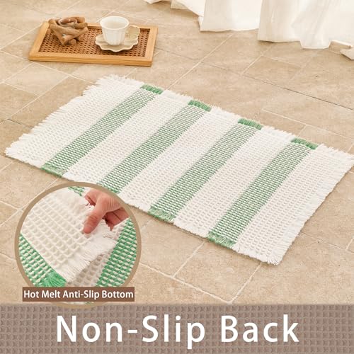 Waffle Bath Mat Non Slip, Boho Bathroom Rug, Super Absorbent Quick Dry Bathroom Mat, Soft Farmhouse Bath Rug with Tassels, Small Washable Shower Mats for Floor 20"x32", White and Green - color: Green and White, size: 1'8" x 2'8" (Rectangular)