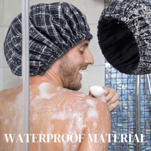 Shower Cap for Men Black Bath Cap, Reversible Terry Lined Large Waterproof Adjustable Shower Caps Elastic Band Stretch Hem Hair Hat for braids - color: Shadow Plaid