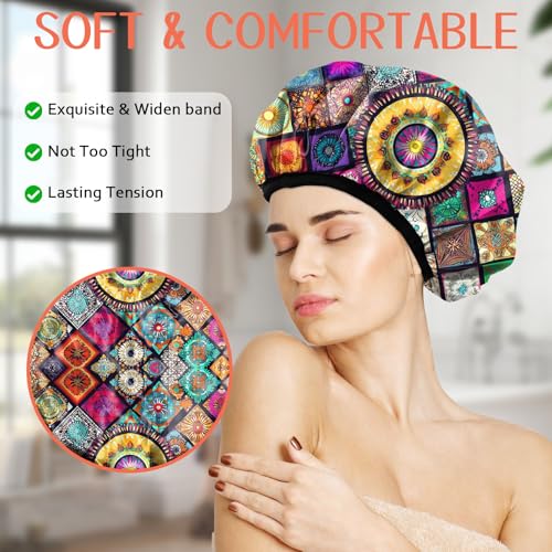 Luxury Shower Cap Terry Lined Reusable Triple Layer Waterproof Hair Elastic Caps Shower Bath Hat for Women Girls Cute Aesthetic-Mandela - color: AL9-Mandela