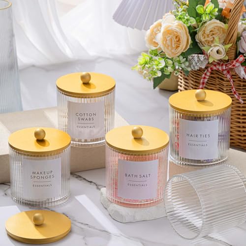 Yaomiao 6 Pcs Ribbed Bathroom Canisters Apothecary Jars with Golden Bamboo Lids and Label Stickers, 18 oz Plastic Canister with Fluted Design for Cotton Ball, Swab, Floss Picks House Storage - color: Golden