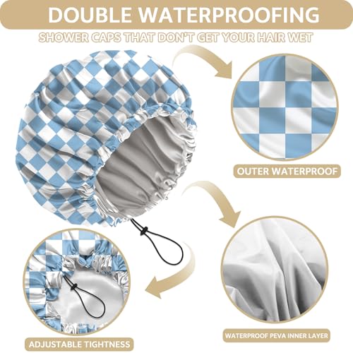Shower Cap Adjustable Waterproof Double Layer Elastic Reusable Hair Bath Cap Cute Aesthetic for Women Girls-Checkered - color: R1-Checkered
