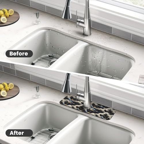 Japanese Wave Black 15" X 5.5" Kitchen Sink Splash Guard Faucet Faucet Guard Draining Mat Sink Splash Guard Faucet Kitchen Bathroom - color: Japanese Wave Black