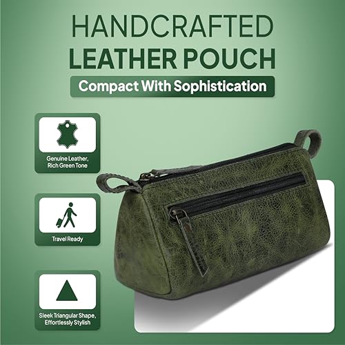 Leather Makeup Bag for Women – Genuine Leather Cosmetic Bag Travel, Handmade Zippered Makeup Pouch, Small Toiletry Bag, Shaving Kit & Stationery Organizer- Forest Green - color: Green