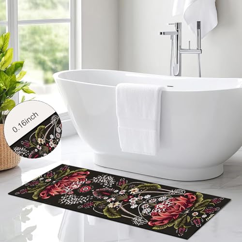 Retro Plant Bath Mat Leaves Floral Bathroom Rugs Funny Non Slip Bathtub Decor Mats Super Absorbent Floor Carpet Machine Washable Quick Dry Bahtmat for Tub, Shower, Bedroom，Kitchen，17.7"x47.2" - color: Red Green Black, size: 17.7"x47.2"