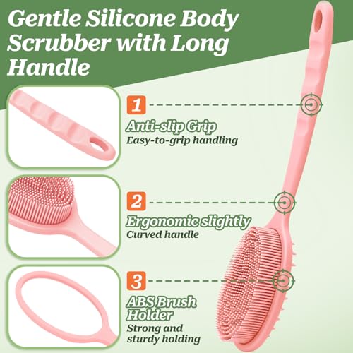 Silicone Back Scrubber for Shower, Gentle Shower Scrubber for Lathering, Softe Silicone Loofah with Two Replaceable Brush Heads, Good for Kids, Sensitive Skin(Pink-Two Heads) - color: Pink-two Heads