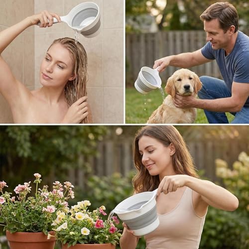 Premium Silicone Bath Rinse Cup & Water Pourer - Large Capacity Gray and White Bath Cup for Rinsing Hair, Shower Hair Washing Mug, Pet Bathing, and Travel