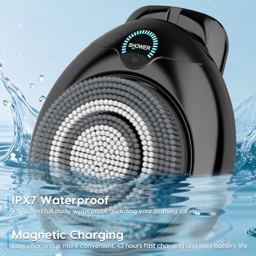 Electric Back Scrubber for Shower - Wall Mounted Exfoliating Brush, Hands-Free Automatic Body Scrubber, IPX7 Waterproof, 3-Speed Adjustment, 3 Replaceable Heads with 50pcs Disposable Shower Caps-Black - color: Black