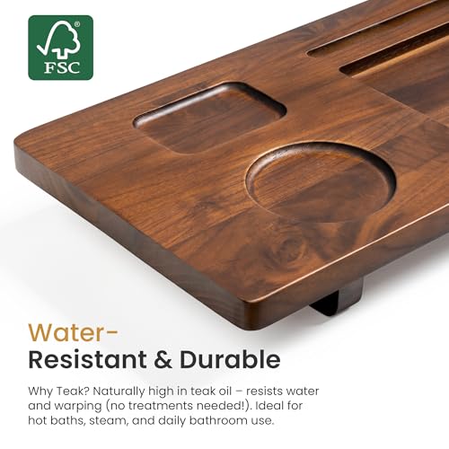 Teak Bathtub Tray for Freestanding Tubs - 29" Heavy-Duty Luxury Bath Caddy, Non-Slip Zero-Wobble Design, Water-Resistant Spa Organizer with Wine Glass & Phone Holder - color: Brown Teak, size: 29 Inch