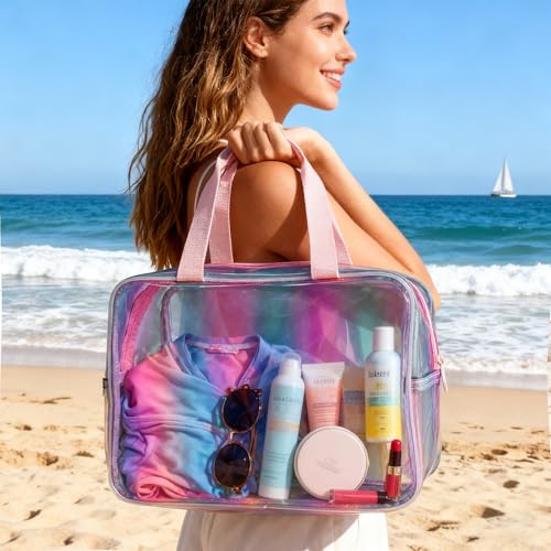 2 Set Waterproof Makeup Bag,11.81 x 5.12 x 8.27 inch 10 x 3.5 x 2inch Iridescent TPU Travel Toiletry Bag with Handle for Women & Men, Portable Cosmetic Pouch for Gym Swim Beach (418-2 Set) - color: 418-2 Set
