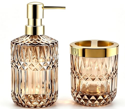 2Pcs Brown Bathroom Accessories Set, Glass Bathroom Accessories, Vintage Bathroom Countertop Decoration Includes Soap Dispenser, Toothbrush Holder - color: Brown, size: 2 Pcs