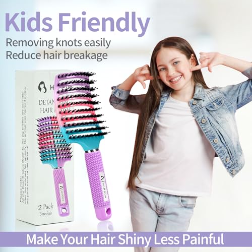 Boar Bristle Hair Brush Set of 2, HIPPIH Wet & Dry Hair Brushes Made by Fine Natural Boar Hair Can Adds Shine and Smoothing, Detangling Hairbrush for Women, Men & Kids' Long Curly Thick Hair - color: Mint Green & Purple