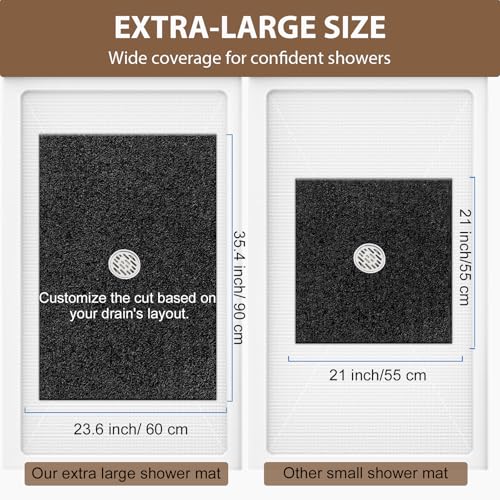 Shower Mat Non Slip: 35.4 x 23.6 Inch Extra Large Shower Mats for Inside Shower with Drain Hole - Soft PVC Loofah Anti Slip Shower Stall Mat for Walk-in Shower and Bathroom, Quick Drying - color: Black, size: 35.4" x 23.6" (Rectangular)