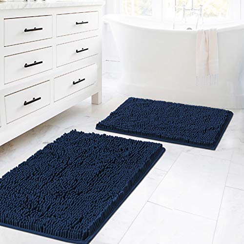 H.VERSAILTEX Plush Microfiber Bath Rugs Chenille Floor Mat Ultra Soft Washable Bathroom Dry Fast Water Absorbent Bedroom Area Rugs Kitchen Rugs Non Skid, 20" x 32"/17" x 24", Navy Rug - color: Navy, size: 20" x 32" Plus 17" x 24"