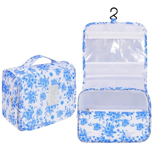 Pengxiaomei Hanging Toiletry Bag, Blue Vintage Floral Waterproof Cosmetic Bag Portable Makeup Pouch Travel Wash Bag with Handle for Teen Girls Camping Tea Party - color: blue&white