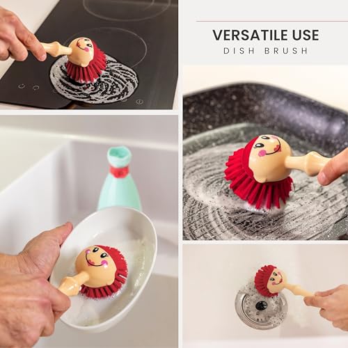 Vigar Dolls Dish Brush With Holder - Kitchen Scrub Brush For Dishes, Dish Scrubbing Brush With Handle, Sink Scrub Brush for Pot and Pan, Dish Brush With Stand, Cute Decorative Doll Design - Green, Red - color: Green, Red