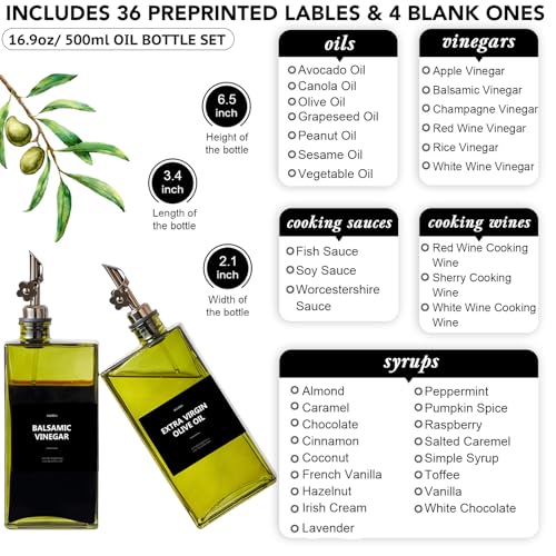 Olive Oil Dispenser Bottle for Kitchen, 16.9oz /500ml Cooking Vinegar Dispenser Bottle Set, Glass Sauce Container, Labels, Brush, Funnel, Stoppers, Green for Oil, Wine - color: Black