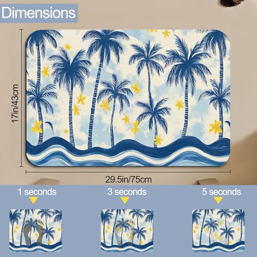 Bathroom Floor Mat,Blue Coconut Tree Bathroom Rugs,Quick Dry Watercolor Yellow Flower Diatomaceous Bath Mat,Non Slip Super Absorbent Soft Floor Mat for Home Kitchen Dorm Patio 17 X 29.5 Inch - color: Blue Coconut Tree