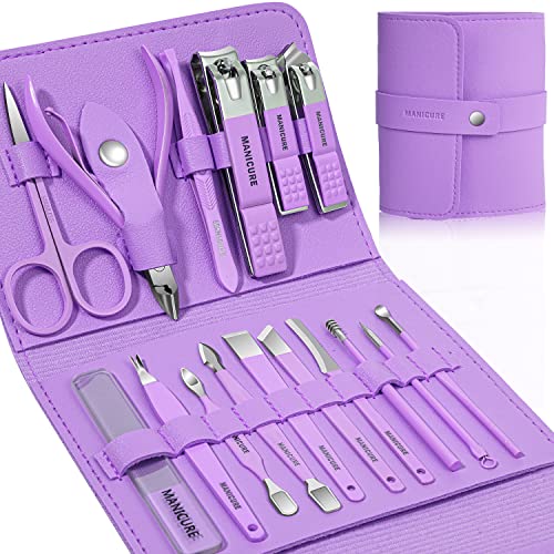 Manicure Set Professional Nail Clippers Pedicure Kit, 16 pcs Stainless Steel Nail Care Tools Grooming Kit with Luxurious Travel Leather Case for Thick Nails Men Women Gift - color: Violet
