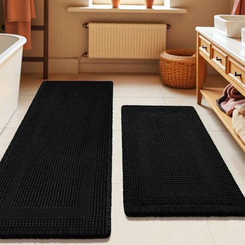 Upgrade Waffle Bath Mat Set 2 Piece , Boho Bathroom Rugs Absorbent Non Slip, Ultra Soft Bathroom Mat, Machine Washable Knit Bath Rugs with Tassels for Bathroom, Bedroom, Kitchen, Shower, Tub, Black - color: Black-looped, size: 24" x 17" + 5' x 2'(2-Piece