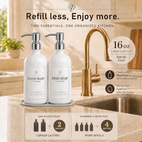 Fachixy White Glass Soap Dispenser (2 Pack), 16 Fl Oz Hand & Dish Soap Dispenser Bottles Set with Rust-Resistant Stainless Steel Pump, Non-Slip Pad, 14 Waterproof Labels for Kitchen and Bathroom - color: Off-white