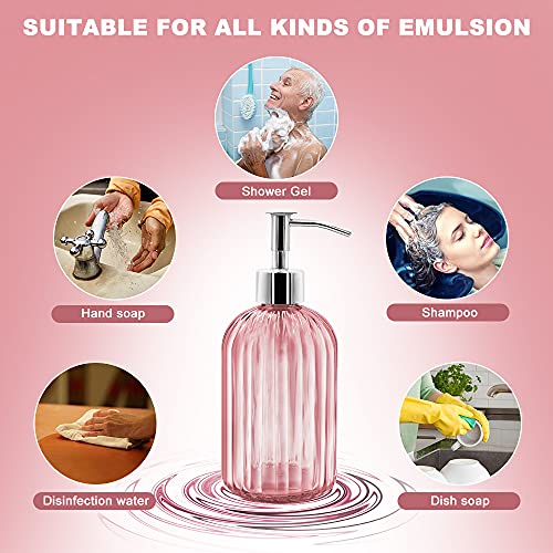 2 Pack Pink Glass Soap Dispenser Bottle with Pump, 14 Oz Refillable Liquid Hand Jar Dispenser for Bathroom, Countertop, Kitchen, Laundry Room - color: Pink