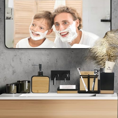 Bathroom Accessories Set with Cup, Toothbrush Holder, Soap Dishes and Soap Dispenser, Vanity Decoration, New Home Gift, Black with Bamboo