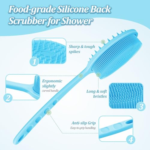 Silicone Back & Body & Face Scrubber Set 3PCS, Gentle Exfoliating Back & Body Scrubber with Dual-Side Brush Head, Hygienic Silicone Loofahs with Soft Bristle and Non-Slip Handle(Blue-3PC) - color: Blue*3