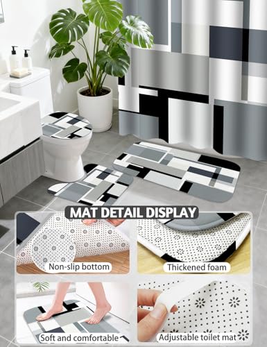 Lnond Grey Black Bathroom Set, 22-Piece Grey Black Geometry Bathroom Decor Set with with Shower Curtain and Rugs, Trash Can, Toilet Brush Holder Set & Soap Dispenser - style: Grey Geometric