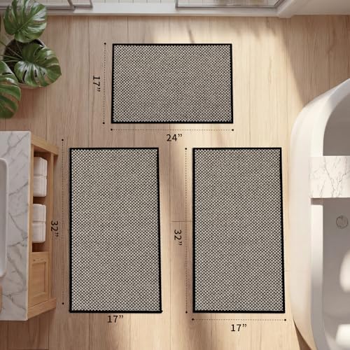 YIHOUSE Thin Bath Mat Black Bathroom Rugs Sets 3 Pieces, Non Slip Absorbent Bath Mats Quick Dry, Woven Braided Rugs Washable,Tapetes para Baño for Bathroom,Bathtub(17"x24"+17"x32"+17"x32") - color: Black, size: 3Pieces(17"x24"+17"x32"+17"x32")