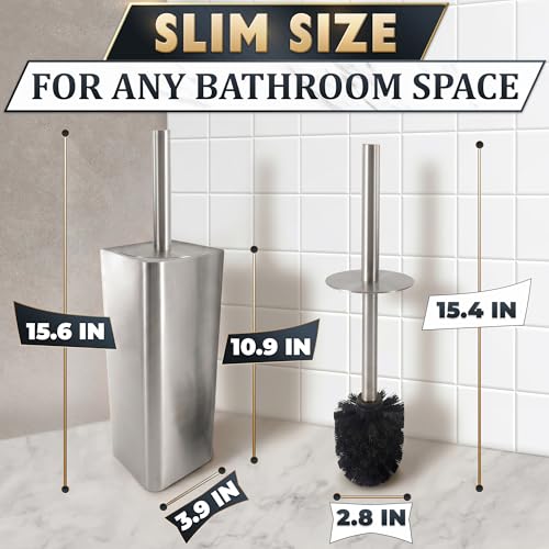 Silver Toilet Brush and Holder Set - Upgrade Your Bathroom in Seconds - Stainless Steel Toilet Bowl Brush and Holder with 2 Rounded Corners, Replaceable Head, Removable Inner Bowl & Splash Guard Cover - color: Silver Squircle