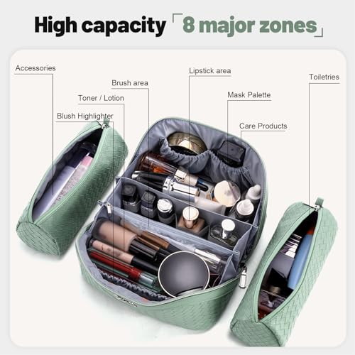 BOYATU Travel Makeup Bag Cosmetic Bags for Women: Large Capacity 3 Pcs Set Make up Bag with Compartments - Waterproof Vegan Leather Toiletry Organizer Bags with Handle (L10 Grass Green) - color: L10 Grass Green